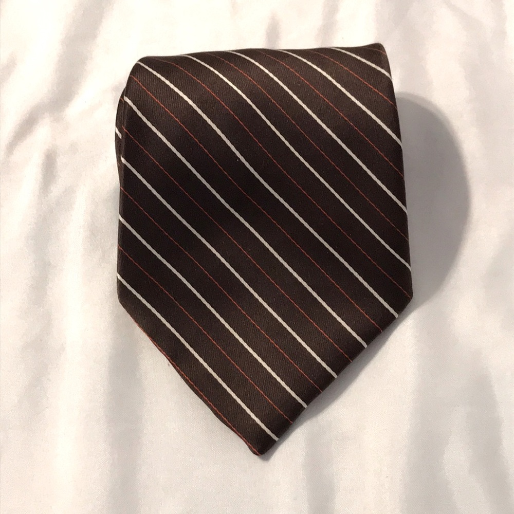 Butterfly brand Pure silk mens tie brown, white, & orange stripes 52.5 inches